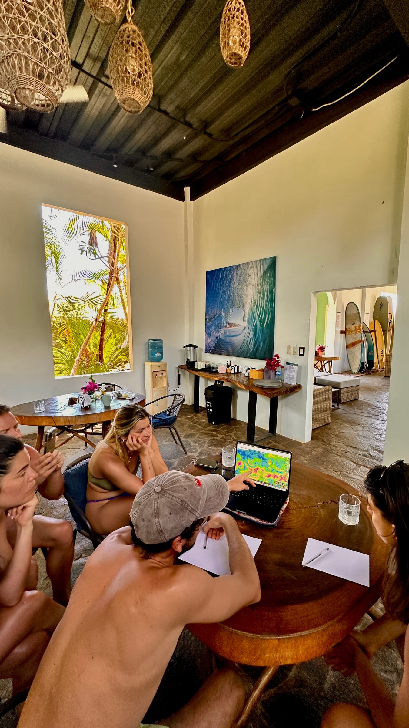 SurfXplore guests studying swell charts during a theory class in El Salvador